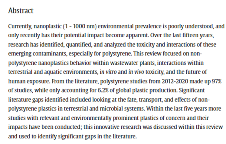 11/5/24, McConnel H et al. A systems perspective of terrestrial, aquatic & human health impacts of non-polystyrene-based nanoplastics. Current Opinion in Environmental Science & Health. 2024, 100557. doi.org/10.1016/j.coes… (2)