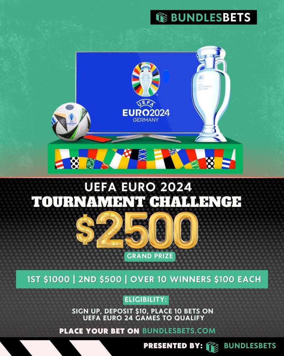 🥁 Brace yourselves for our UEFA EURO CUP 2024 Giveaway ! ⚽️🚨 $2500 is our largest Prize Pool to date. 10 lucky winners stand a chance to win big, and our champ will pocket $1000! Ready to join? Here’s how: Sign up to: bundlesbets.com Deposit $10 Place 10 bets