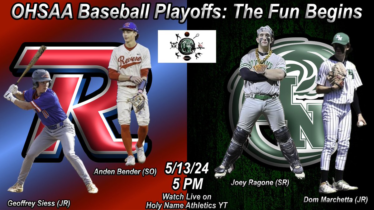 Holy Name Broadcasting (@hnbroadcasting) on Twitter photo OHSAA Baseball Round 1 Playoffs Preview
Holy Name (27) At Revere (18)
🗓️: May 13
⏰: 5 PM
📍: Revere High School
📺: youtube.com/live/KO0-ut--p… (Holy Name Athletics YouTube)
Graphic Credit: <a href="/Smeephus2024/">Nate Smee aka SmeeSports</a>
<a href="/Revere_Baseball/">Minutemen Baseball</a> OHSAA Baseball Round 1 Playoffs Preview
Holy Name (27) At Revere (18)
🗓️: May 13
⏰: 5 PM
📍: Revere High School
📺: youtube.com/live/KO0-ut--p… (Holy Name Athletics YouTube)
Graphic Credit: <a href="/Smeephus2024/">Nate Smee aka SmeeSports</a>
<a href="/Revere_Baseball/">Minutemen Baseball</a>