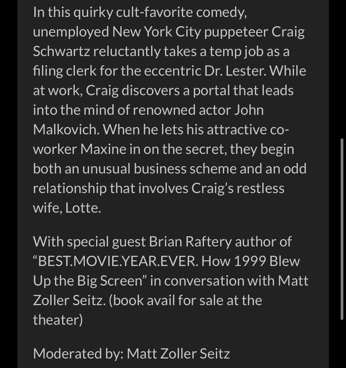 MZS (@mattzollerseitz) on Twitter photo Dallas, Texas: today at 5 PM at <a href="/TexasTheatre/">TexasTheatre</a> we show being John Malkovich! Then I will interview author <a href="/BrianRaftery/">Brian Raftery</a> about the movie, and his book on films of 1999. Tickets here: thetexastheatre.com/film/class-of-… Dallas, Texas: today at 5 PM at <a href="/TexasTheatre/">TexasTheatre</a> we show being John Malkovich! Then I will interview author <a href="/BrianRaftery/">Brian Raftery</a> about the movie, and his book on films of 1999. Tickets here: thetexastheatre.com/film/class-of-…