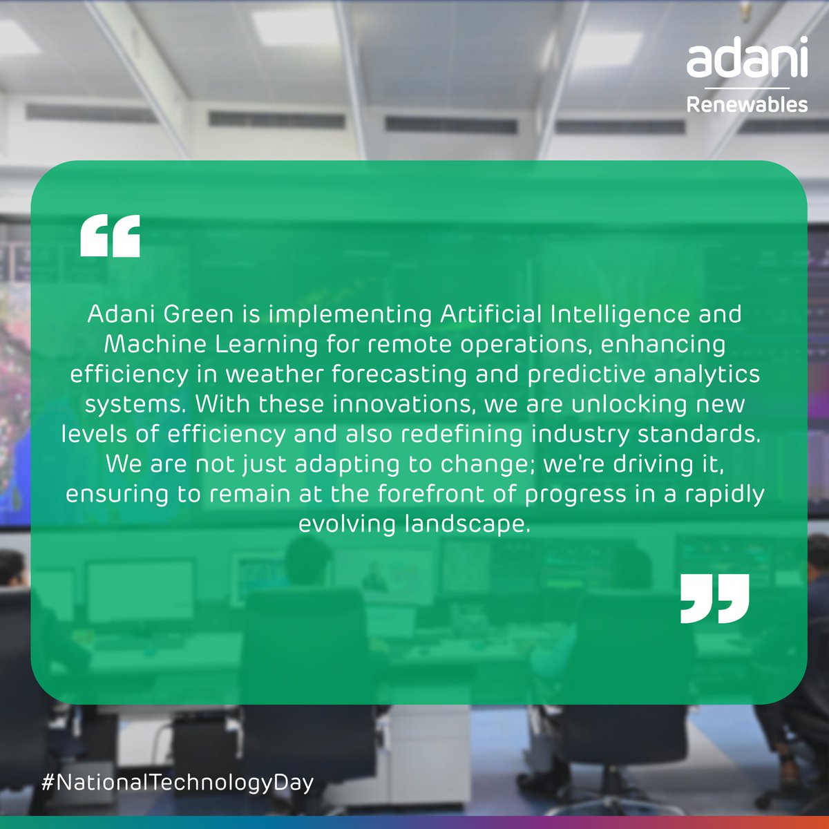 Today on National Technology Day, Adani Green Energy celebrates progress through innovation.
Every advancement in renewable technology signifies progress towards a sustainable future. 

Let's honour these strides toward a greener tomorrow!
#AdaniGreenEnergy #GreenerTomorrow…