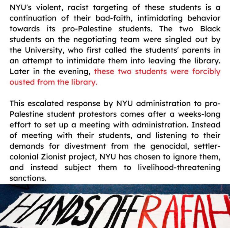 🗣️ HAPPENING NOW 9 NYU students are currently on interim suspension & 2 branded Persona Non Grata for (de)occupying the Diana Tamari Sabbagh library. At 12:00 pm today, join us for a town hall at Gould Plaza. At 1:30 we will move together for the citywide rally at Barclays.