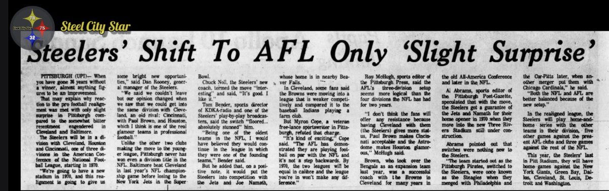55 years ago this weekend… Birth of the AFC Central On Saturday, May 10, 1969, the realignment for the 1970 merger is set. Steelers will move with the rival Cleveland Browns in what will be named the AFC Central division, joining the Cincinnati Bengals and the Houston Oilers.