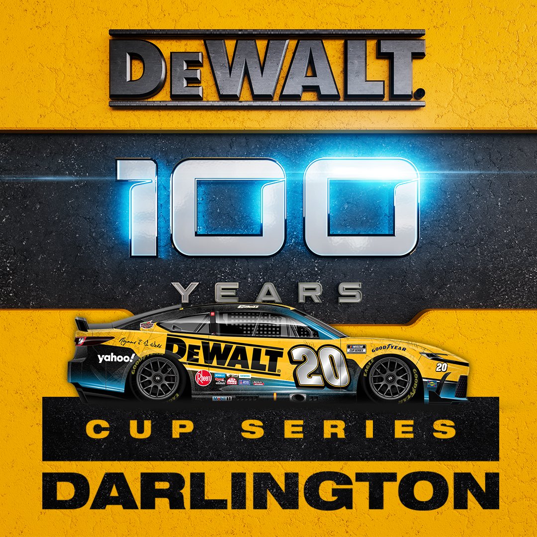 Don’t miss @CBellRacing in action as he and the #20 car take the track in a paint scheme commemorating DEWALT’s 100th anniversary! Tune in at 3 P.M. EST on Sunday. #ForThoseWhoMakeTheWorld #NASCAR