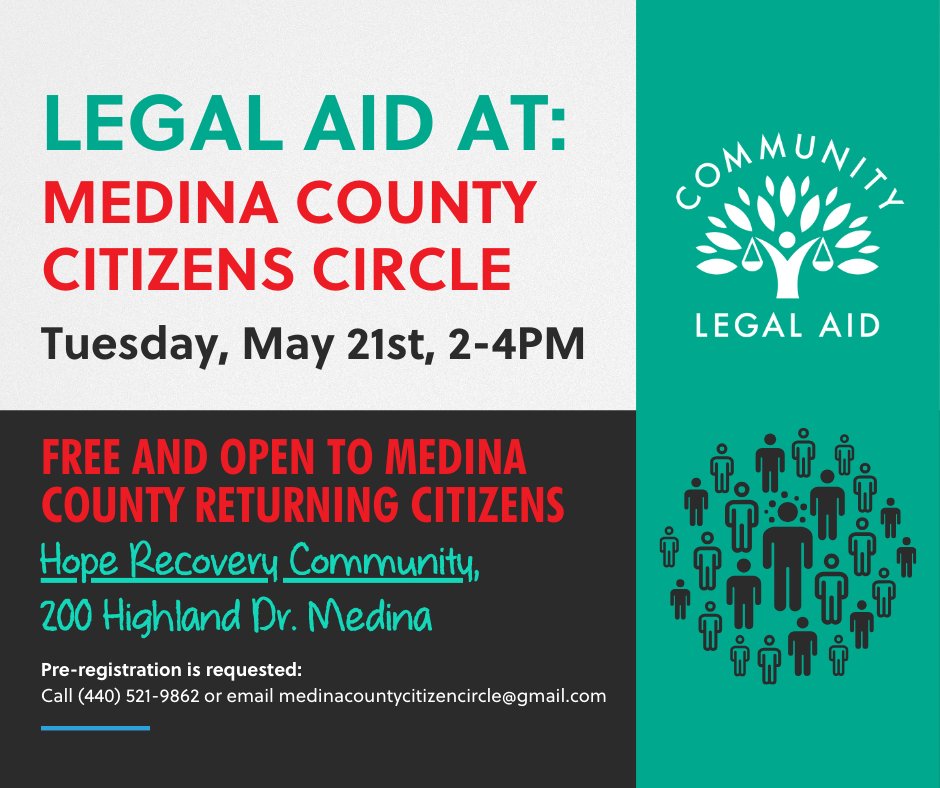 Join us every 3rd Tuesday of each month  from 2-4PM at Medina County Citizens Circle!

Legal Aid advocates will be onsite to provide information on services related to reentering society.

Pre-register NOW: ➜ (440) 521-9862 or medinacountycitizencircle@gmail.com