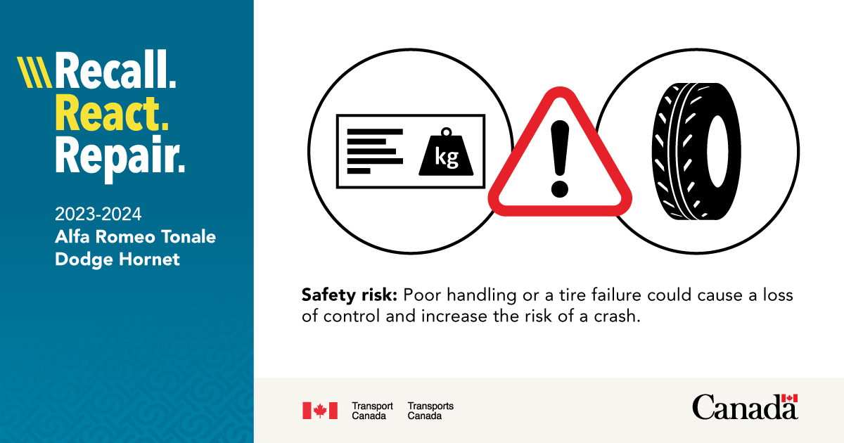 #Recall: On some 2023-2024 Alfa Romeo and Dodge vehicles, the compliance label doesn't list the gross vehicle weight rating, the tire size, or the rim size, and could cause poor handling or a tire failure. This could cause an increased risk of a crash. ow.ly/fmou50R9C57