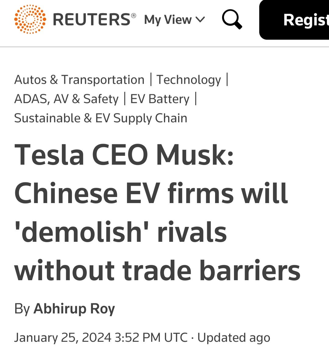 The US is raising tariffs on Chinese electric vehicles from 25% to 100% (after our billionaire oligarch overlord demanded them).

"Free trade" was always a myth. Economic powers only preach it after establishing hegemony. When they lose dominance, they return to protectionism.
