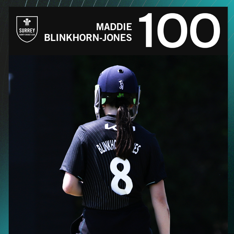 surreycricket's tweet photo. A superb century from Maddie Blinkhorn-Jones!!! 💥

The top-order batter has played beautifully at Beckenham and struck 15 boundaries in her knock so far 👊

Keep going, Maddie!

🤎 | MATCH CENTRE ⬇️