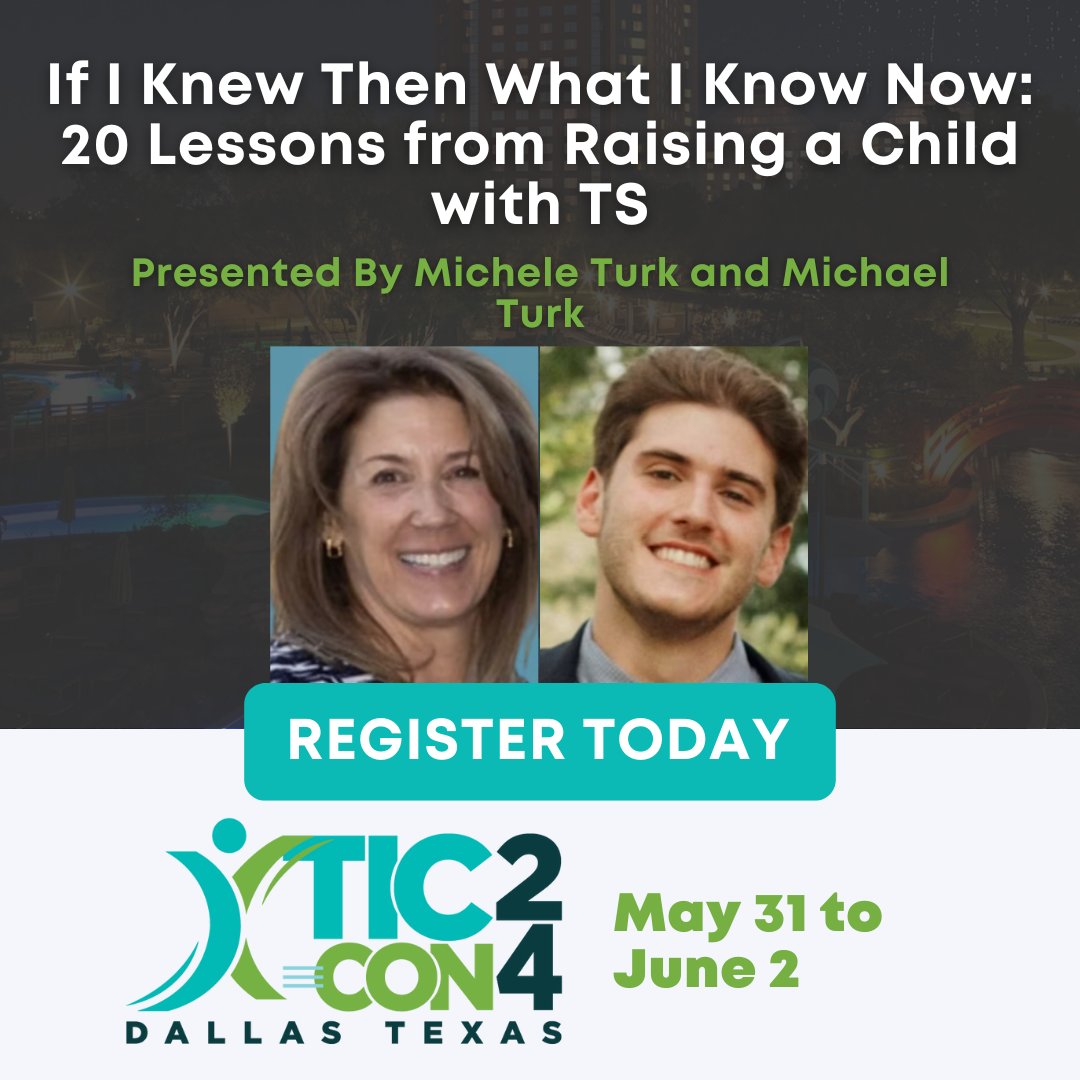 Attend 'If I Knew Then What I Know Now: 20 Lessons from Raising a Child with TS' presented by author of 'What Makes Him Tic?' Michele Turk and her son at #TICCON24! Learn tips from Turk's firsthand experience raising a child with #TouretteSyndrome. 🔗tourette.org/tic-con-2024 #Tics