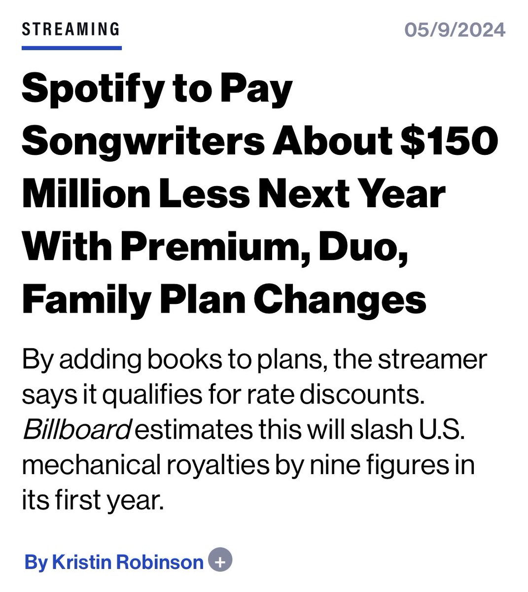 Billboard reports that Spotify’s new bundling scheme will pay songwriters $150 million dollars less next year. It’s time for DSPs to pay artists, musicians, and songwriters fairly! We need the Living Wage for Musicians Act now!