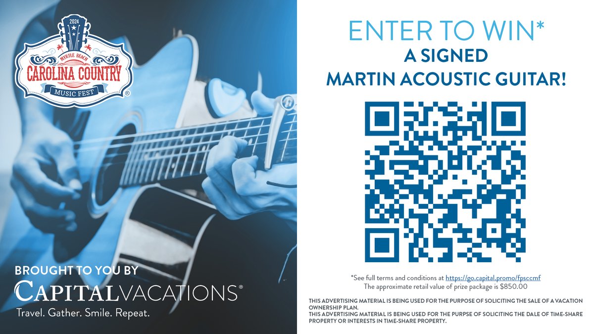 Please be sure to stop by the @CapitalVacays booth to enter to win an exclusive autographed Martin Acoustic Electric guitar while supplies last! Also chances to win exclusive travel deals. capitalvacations.com/land/carolina-…