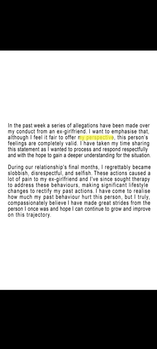 Alr, im getting tired of this shit
He did NOT write an apology and it says it on the first page of his STATEMENT and PERSPECTIVE, how can people be so blind?, literally he didn't admit abusing Shubble, he admitted BITING which was consensual and literally it clearly says that