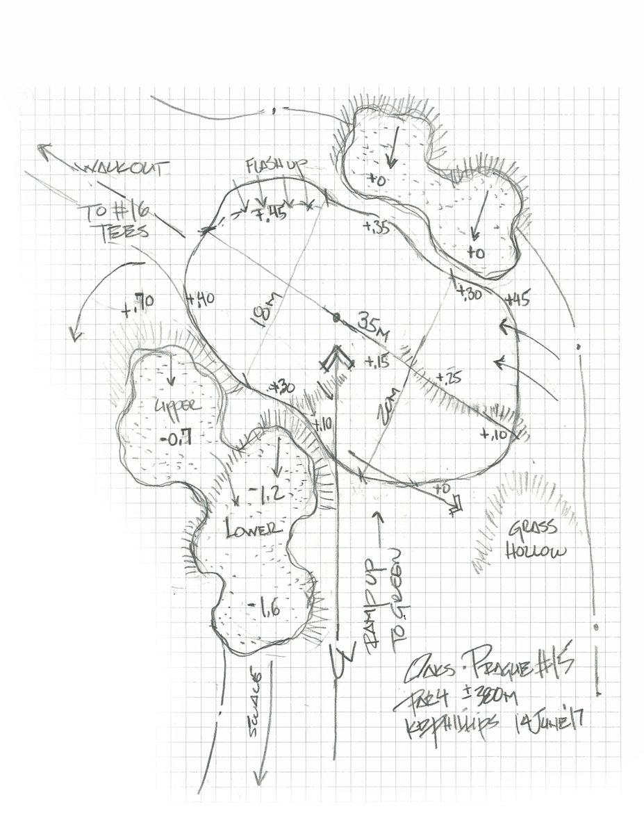 Kyle Phillips, @ASGCA details No. 15 at PGA National Czech Republic course at Oaks Prague. '388-meters, plays uphill just over 20 meters tee-to-green. Drives need to carry across valley to generous dogleg left fairway. Back-left pins guarded by bunkers.' tinyurl.com/yy75lmgw