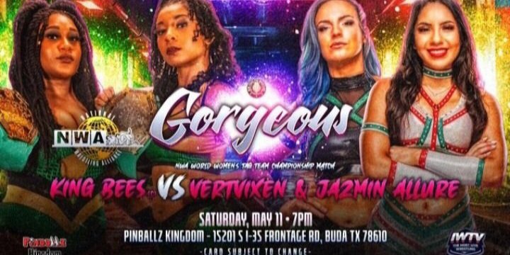 Today is #Gorgeous & the Must See Match is The #NWA Womens Tag Champs The King Bees @charityking_ & @dannibeeokc 👑🐝 🆚 Tier One @VertVixen & @JazminAllure 📸 @NewTexasPW on IWTV