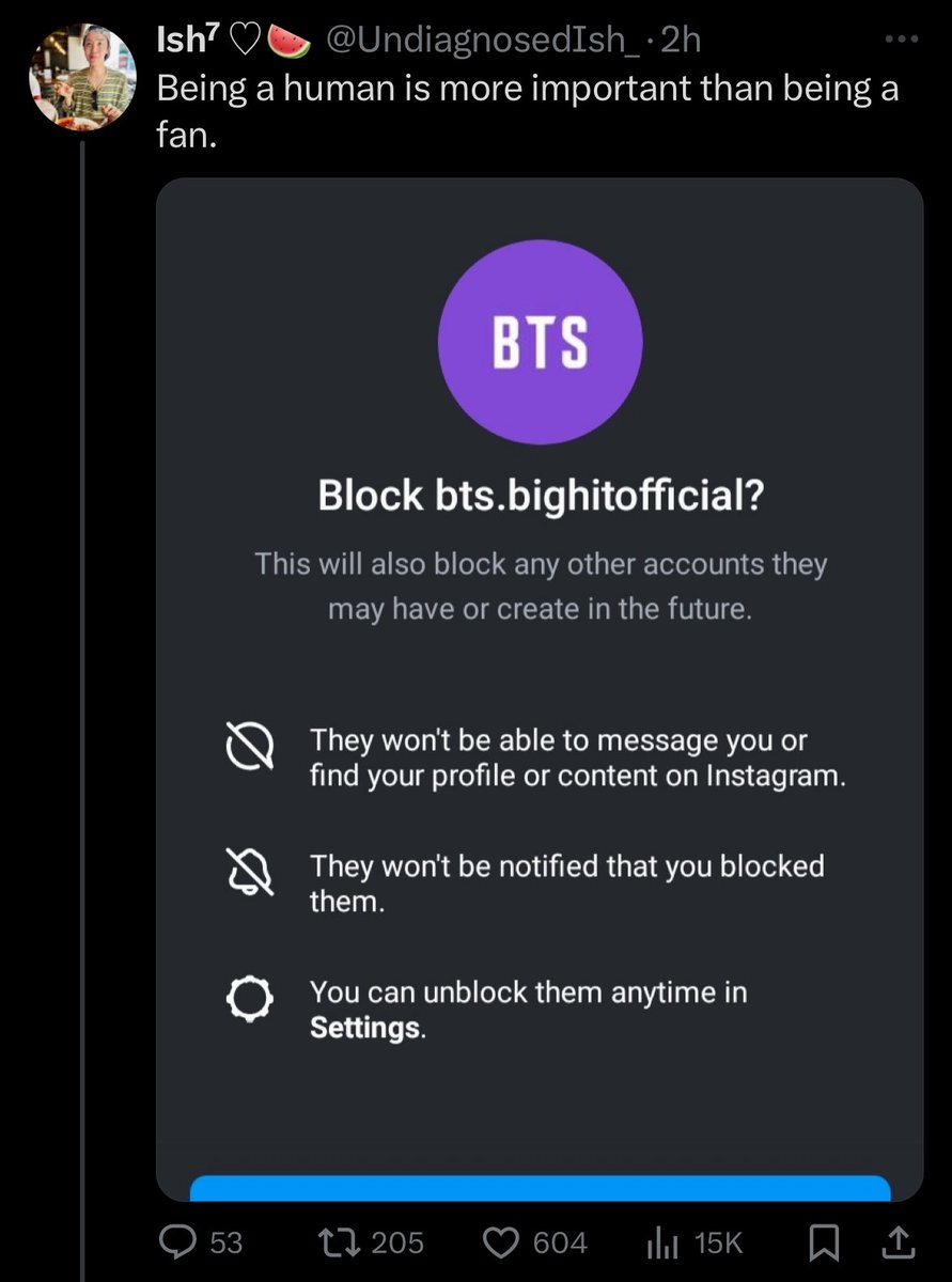 ok then delete ur stan acc…blocking them on ig and posing as a stan acc on twt is so hypocritical LMAO and yall trying to act morally superior…why not block them on all and stop getting updates on the boys? Infact just unstan😭