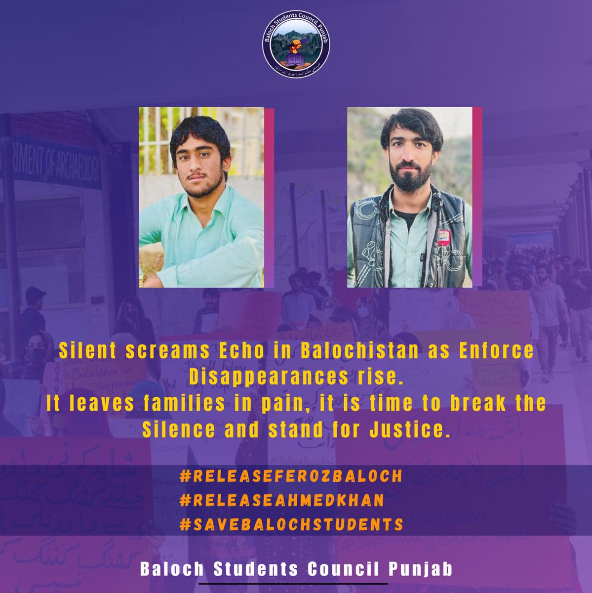 Silent screams echo in Balochistan as Enforced Disappearances rise. 
It leaves families in pain. 
It is time to break the silence and stand for justice.
#ReleaseFerozBaloch 
#ReleaseAhmedKhan 
#SaveBalochStudents