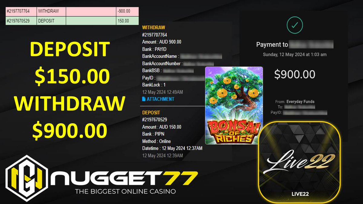 🇦🇺NUGGET77🇦🇺
AUSTRALIA TRUSTED ONLINE CASINO
📣📣Congratulations📣
nugget77.com/RF166813127
⚠️Platform: LIVE22  ⚠️ 
⛏Game :  BONSAI OF RICHES    ⛏
📌DEPOSIT : $150.00
📌WITHDRAW : $900.00

#pokiesaustralia #australia #australianmade #aussie #australian #pokiesofinstagram #pokies