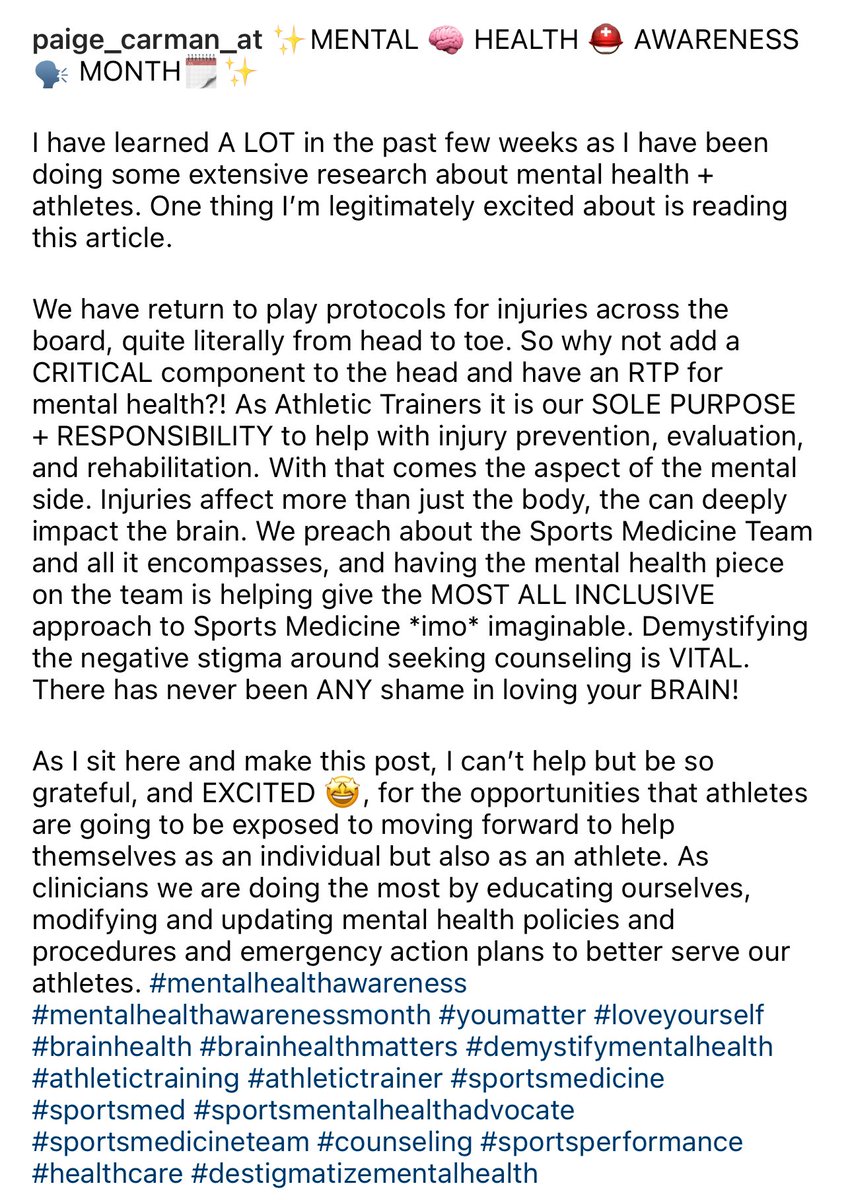 May is #MentalHealthMonth. As an #AthleticTrainer it makes my heart happy to see these advancements coming into play. Our #Athletes deserve the MOST we can offer to them to help them from 🧠➡️🦶🏼. There’s no shame in loving your brain. 💖#ATTwitter