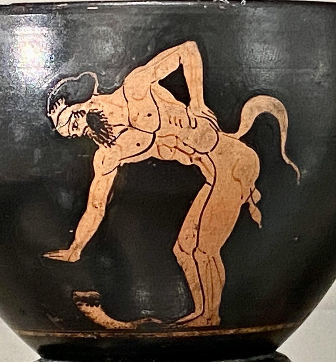 Happy #Satyrday. Deep drinking cup (skyphos): a dancing satyr The satyr prances in front of a drinking horn Made in Athens about 480-470 BC;