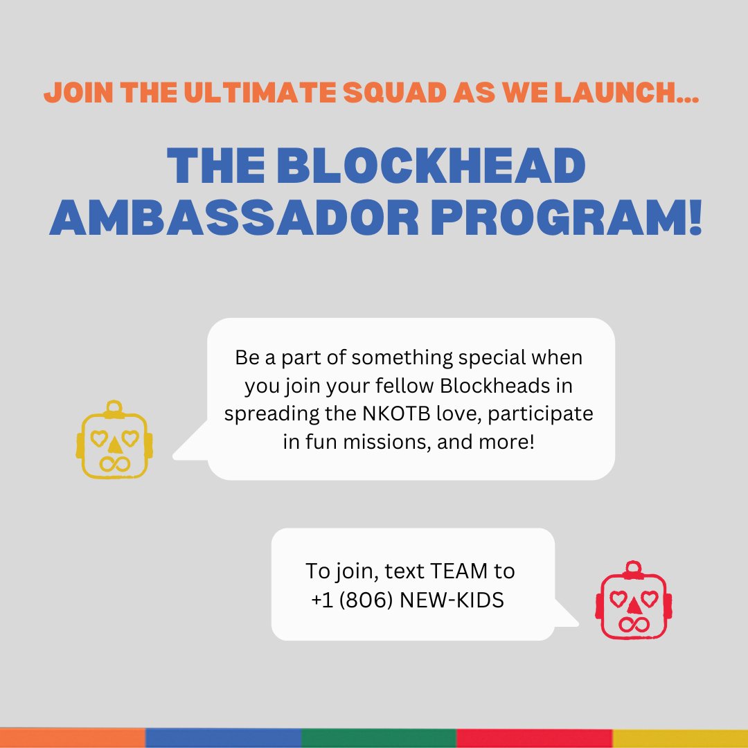 📢 Calling all Blockheads! 🎉 Join the squad as we launch the Blockhead Ambassador Program! 💥 Be a part of something special when you join your fellow Blockheads in spreading the NKOTB love, participate in fun missions and more! Text TEAM to the NKOTB hotline number (806)…
