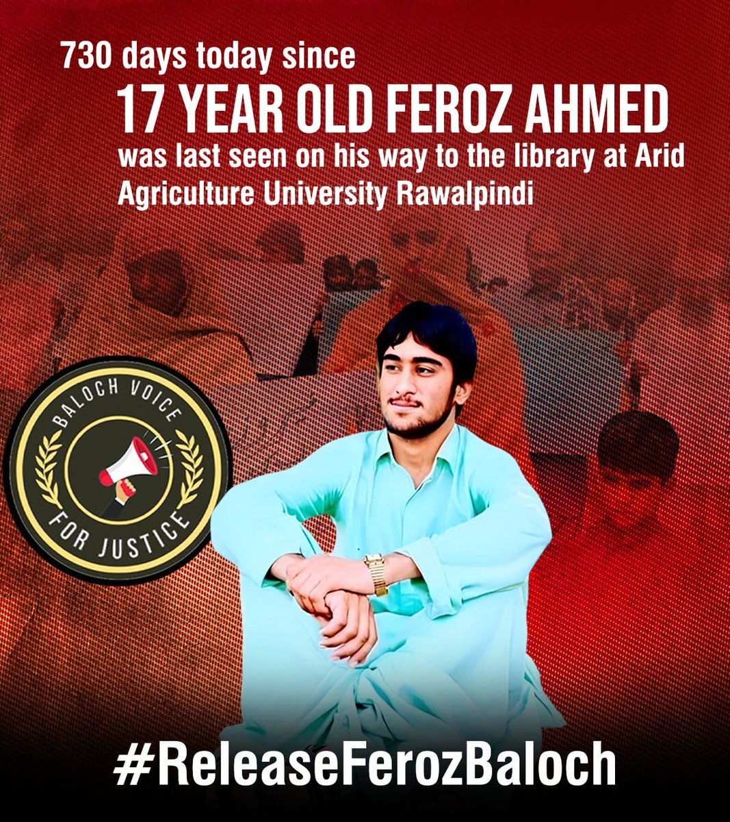 730 days today since Feroz Ahmed was forcibly disappeared on 11 May 2022. He left for the library and never came home. #ReleaseFerozBaloch