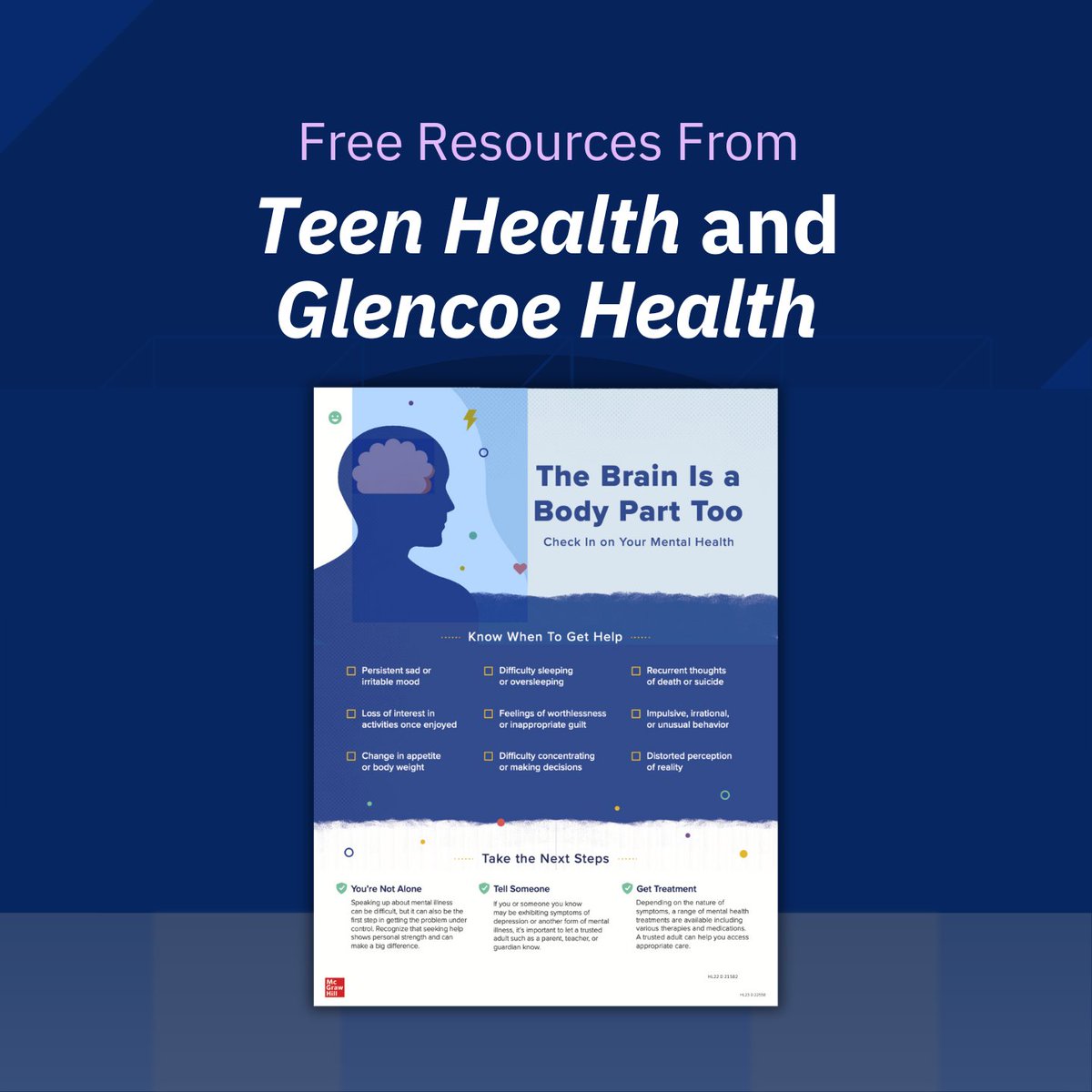 Encourage #Students to check in on their mental health with this free #Classroom poster with comprehensive wellness strategies to know when to get help & how to take the next steps in bettering their mental health. Download it from Glencoe & Teen Health. mhed.us/3VCJCqq