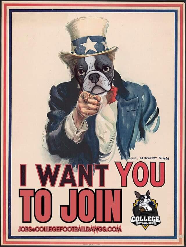 WE WANT YOU! TO BECOME A DAWG! FOR! THE! FANS! Sales rep, writers, editors, podcasters, producers, graphic designers, HR, IT support! Apply Here ➡️ shorturl.at/bFJW6 Or email us at jobs@collegefootballdawgs.com #Pawsup #ApplyNow #jobsearch #CollegeFootball25…