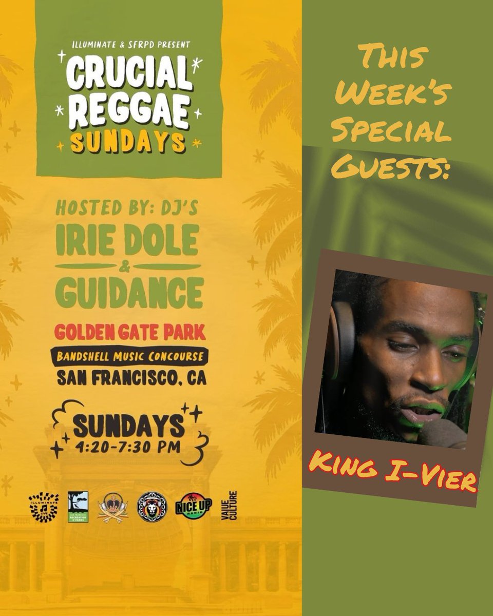 Crucial Reggae Sundays is tomorrow, 5/12! Spend the afternoon dancing in the park with: Hosts: Irie Dole DJ Guidance Special Guest: King I-Vier The vibes start at 4:20pm, all are welcome, come down and dance it out. @recparksf