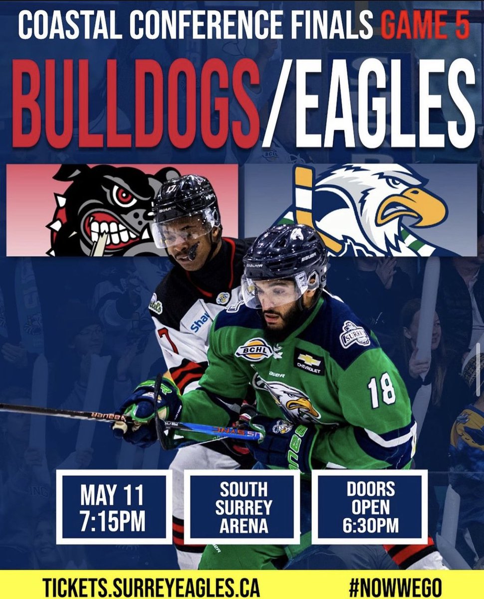 The biggest game of the season takes place tonight! You won’t want to miss this!

Tickets for Game 5️⃣ are available now! 

🎟 tickets.surreyeagles.ca 🎟

#BCHL | #NowWeGo | #Surrey