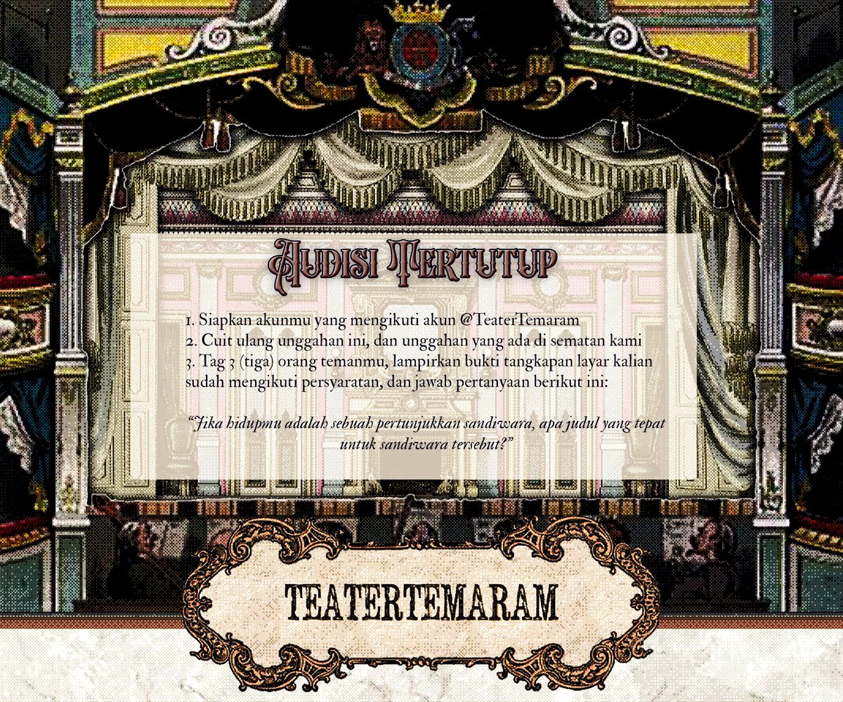 TeaterTemaram's tweet image. ️️
 ️️

𝙆𝘼𝙈𝙄 𝙈𝙀𝙉𝘾𝘼𝙍𝙄 𝙈𝙐𝙍𝙄𝘿 𝙆𝘼𝙈𝙄 𝙔𝘼𝙉𝙂 𝙃𝙄𝙇𝘼𝙉𝙂!

Dua buah bangku kosong kini dapat diisi melalui jalur khusus yang akan berakhir pada tanggal 12 Mei 2024, pukul 15:00.

Baca ketentuan yang berlaku dan semoga keberuntungan di pihakmu!

 ️️
 ️️