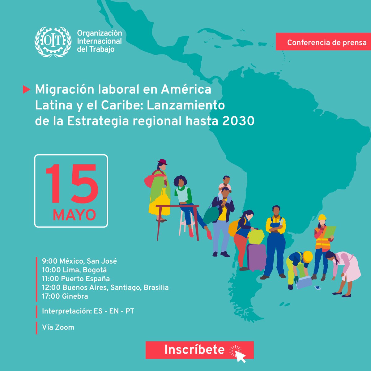 ¿Sabías que3⃣7⃣países y territorios de ALC🌎, junto con la OIT, han creado una Estrategia regional de #MigraciónLaboral hasta el 2030? Conéctate este 🗓️15 de mayo a la #ConferenciaDePrensa ⏰9am🇲🇽🇨🇷| 10am🇵🇪🇨🇴| 11pm 🇹🇹| 12m🇦🇷🇧🇷🇨🇱 🗣️ESP-ENG-PORT Registro➡️ilo.org/es/meetings-an…