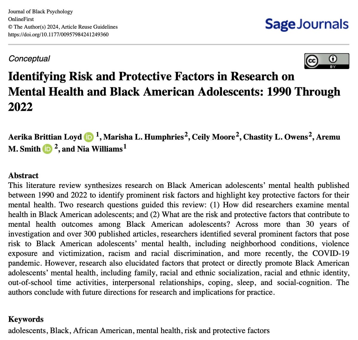 Happy to publish this article on risk and protective factors for Black American teens' mental health with the homie and graduate students! We really wanted this work to be helpful to youth organizations and interesting for researchers and practitioners. journals.sagepub.com/doi/10.1177/00…