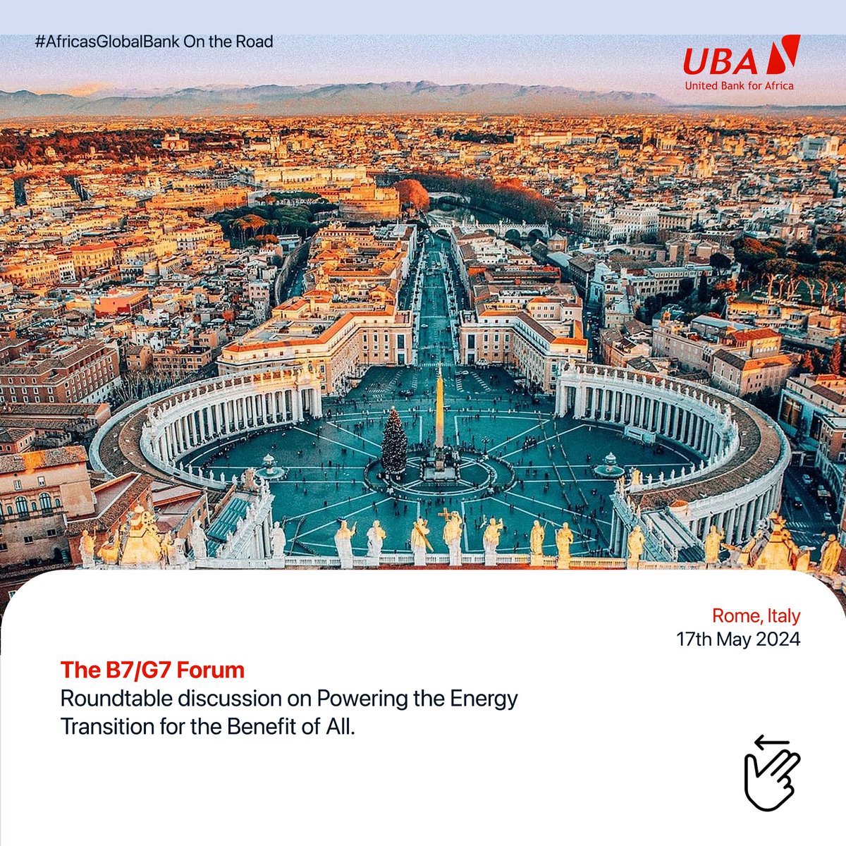UBAFrance's tweet photo. 𝐓𝐡𝐫𝐞𝐞 𝐜𝐨𝐮𝐧𝐭𝐫𝐢𝐞𝐬, 𝐨𝐧𝐞 𝐦𝐢𝐬𝐬𝐢𝐨𝐧! 🌍

At UBA, we strongly believe that the future of Africa is in the hands of Africans, but we also know that our journey to transformation is one of partnership. Join our Group Chairman, @tonyoelumelu, and other UBA executives as we advocate for inclusive growth, youth empowerment, and healthcare accessibility. Here’s where you can catch us next week:

🗓️ May 13: Panel Session at the Health Leaders Forum in Abu Dhabi
🗓️ May 15: Hosting Cindy McCain, Executive Director of @worldfoodprogramme, in London
🗓️ May 17: B7 Roundtable Discussion in Rome

Stay tuned for updates on #AfricasGlobalBank on the road! #AfricaTransformation #GlobalPartnerships.