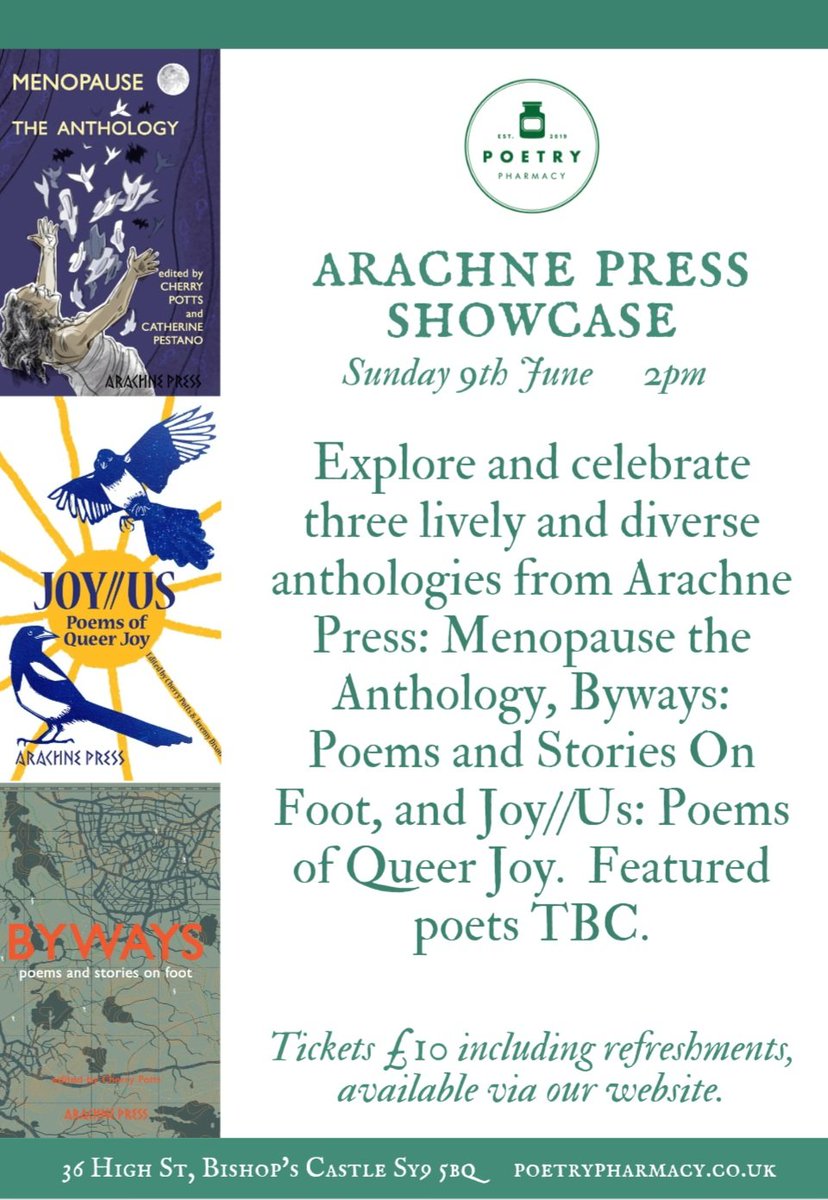 We're really looking forward to raising a glass to Arachne Press at the Poetry Pharmacy...readings upstairs and drinks and summer cakes in the garden if it's fine...🥂 eventbrite.co.uk/e/arachne-pres…