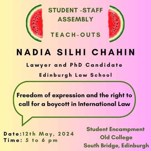 Join us tomorrow at @eu_jps' Student encampment at #BalfourUniversity for our FIRST teach-out by @nadiasilhi. Bring your family, friends, community members to this (un)learning space. Details in the flyer. #communitylearning #BDS #FreePalestine #DivestNOW #RafahUnderAttack