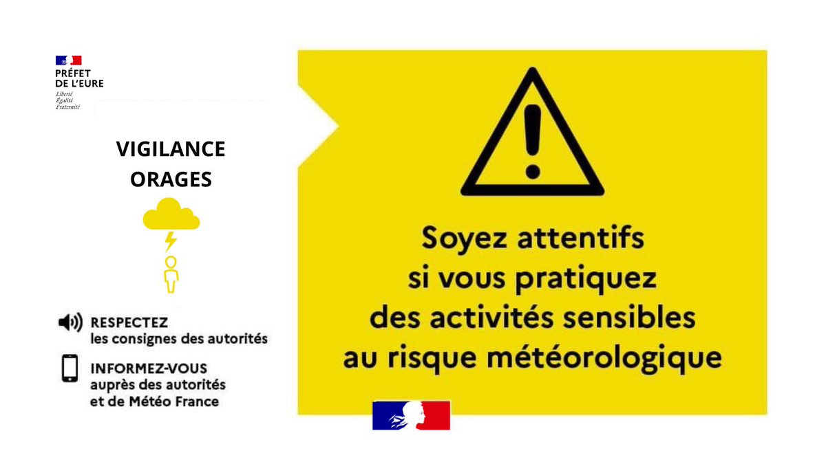 ⚠️@meteofrance place l’#Eure en vigilance jaune 🟡 orages ⚡️à partir de demain 12h, dimanche 12 mai. ➡️Des fortes pluies localisées sont attendues. ➡️Des épisodes de grêle peuvent être observés. ✅ Soyez prudents. Adaptez votre comportement. ℹ️ vigilance.meteofrance.fr/fr/eure