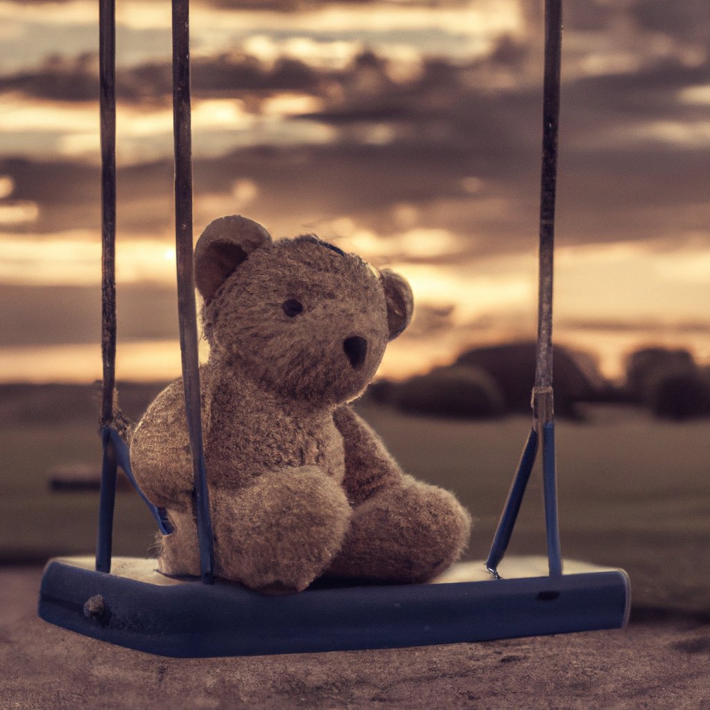 'A solitary teddy bear, sitting on an old wooden swing in the muted glow of a setting sun. The bear's worn-out and faded fur hints at a long forgotten childhood. Its glassy eyes stare off into the distant, cloudy horizon, as a lone
#AIArt #AI #chatgpt4 #dalle2 #OpenAi #AIFeelings