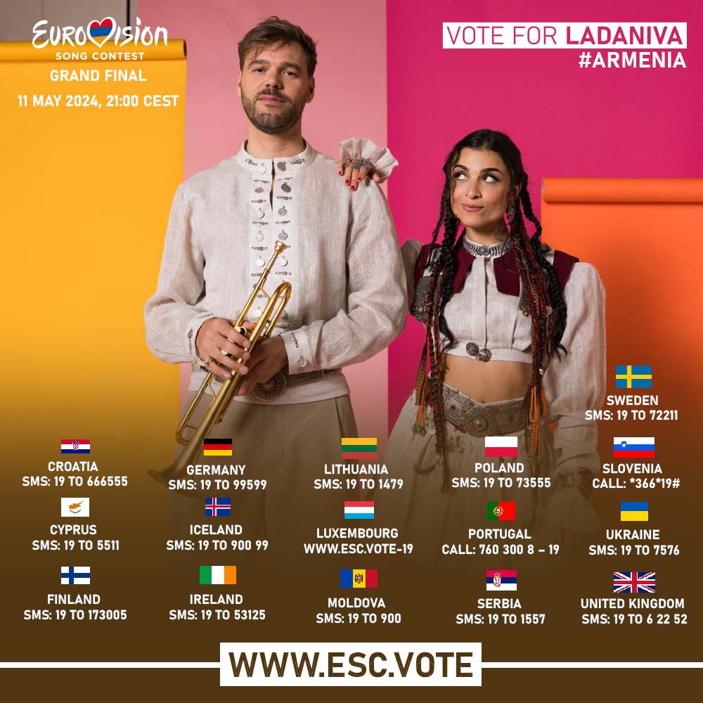 🎤🇦🇲Here’s the list of all countries that can vote for #LADANIVA in the Grand final of @Eurovision . #LADANIVA’s performance number is 19. You can vote on Eurovision Song Contest app, or via telephone and/or SMS. Watch the 2nd Grand final LIVE on Sat, May 11th at 21:00 CEST.