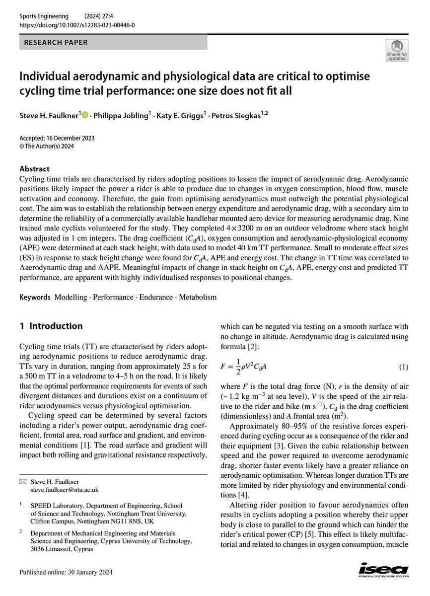 Check this article 'Individual aerodynamic and physiological data are critical to optimise cycling time trial performance: one size does not fit all' buff.ly/4bkkZpo 
 #cycling #velo #tdf #girodeitalia #cyclingscience #sportstechnology #sportsengineering