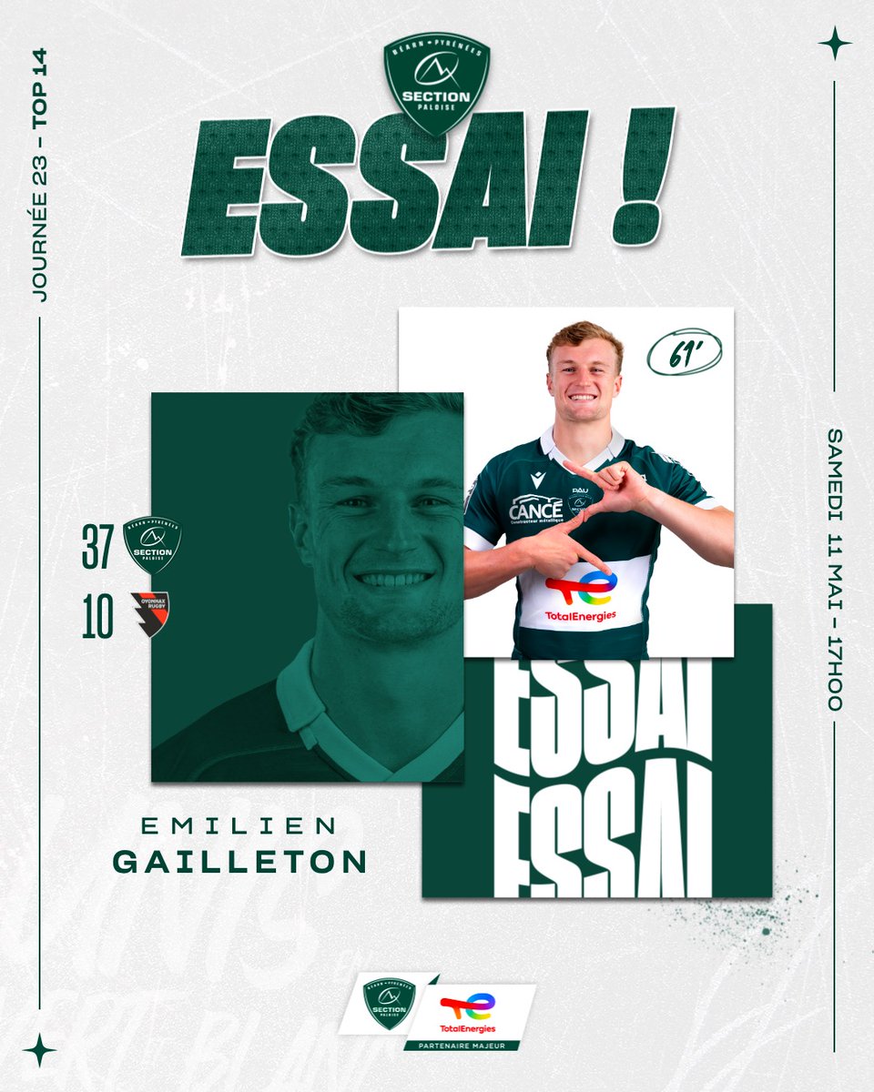 61' 𝑬𝑺𝑺𝑨𝑨𝑨𝑨𝑨𝑨𝑨𝑰 ! Le 5e essai palois pour Emilien Gailleton ! Notre 3/4 centre pousse au pied un ballon qui traîne dans un ruck adverse, il galope et il marque !

#SPOYO #TOP14 #HonhaSection