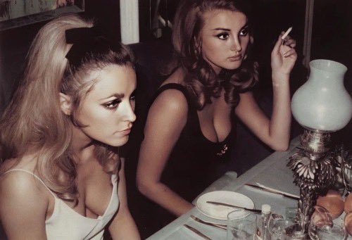 Sharon Tate and Barbara Bouchet at the Playboy Club in London, 1966