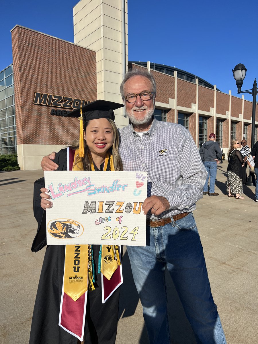 Mizzou's tweet photo. It's a family thing. 🐯💛

When #Mizzou student Lindsey Swindler was adopted from China 21 years ago, her uncle Ted held up a “Mizzou Class of 2024” sign at her airport welcome party. That sign reemerged this weekend at commencement.

Read: https://t.co/W8Ob1vl8ih https://t.co/XKNZsOCseB