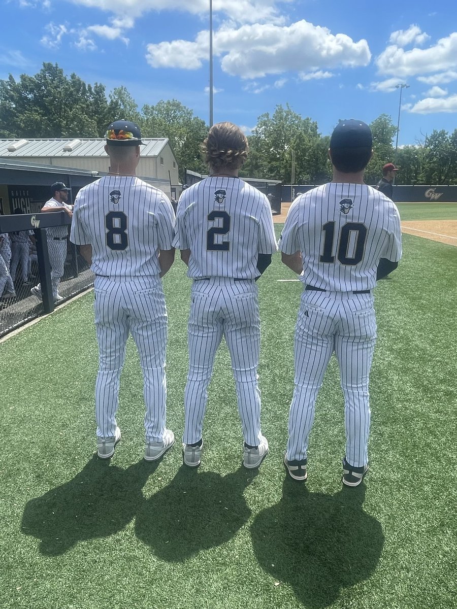 GWEquipment's tweet photo. Beautiful day at the Tuck as we prep for Senior Day (3 honorees shown here) &amp; @GWBaseball1 vs UMass in a critical @atlantic10 matchup. We’re not supposed to have favorite uniforms but ❤️ the white pinstripe set w/ #Revolutionaries wordmark. 1pm start, join us or watch on ESPN+ https://t.co/xKLkC0gLuj