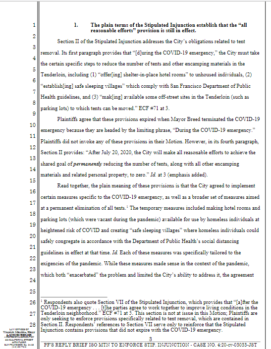 Hastings v CCSF plaintiffs reply brief filed 5.9.24

'Even the City’s own declarants do not claim that the City is making “all reasonable efforts” when individuals refuse offers of shelter'

Plaintiffs also want to depose them

storage.courtlistener.com/recap/gov.usco…

x.com/auweia1/status…