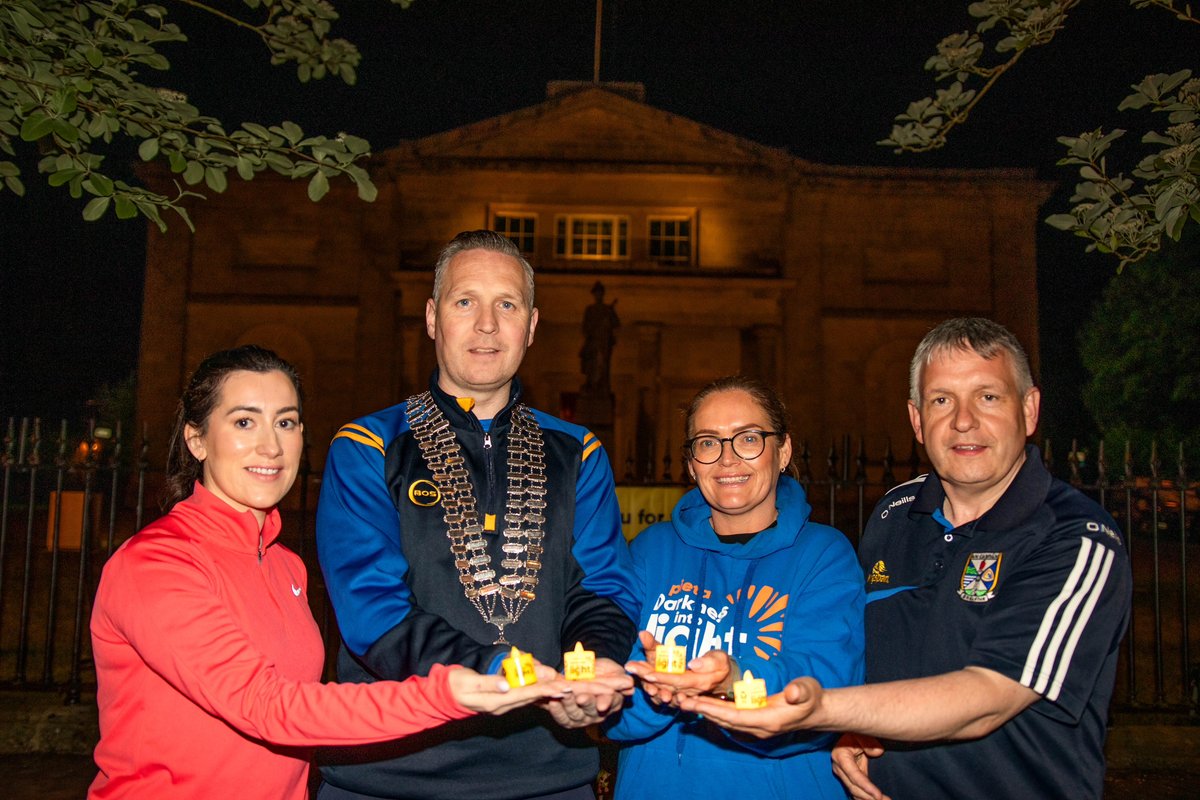 Courthouse Cavan was lit up yellow last night for #DarknessIntoLight2024. Pictured showing their support are Cllr Áine Smith; Cathaoirleach, Cllr Philip Brady; Fiona Corby, Darkness into Light Cavan; and Cllr Trevor Smith. PHOTOS: Sheila Rooney