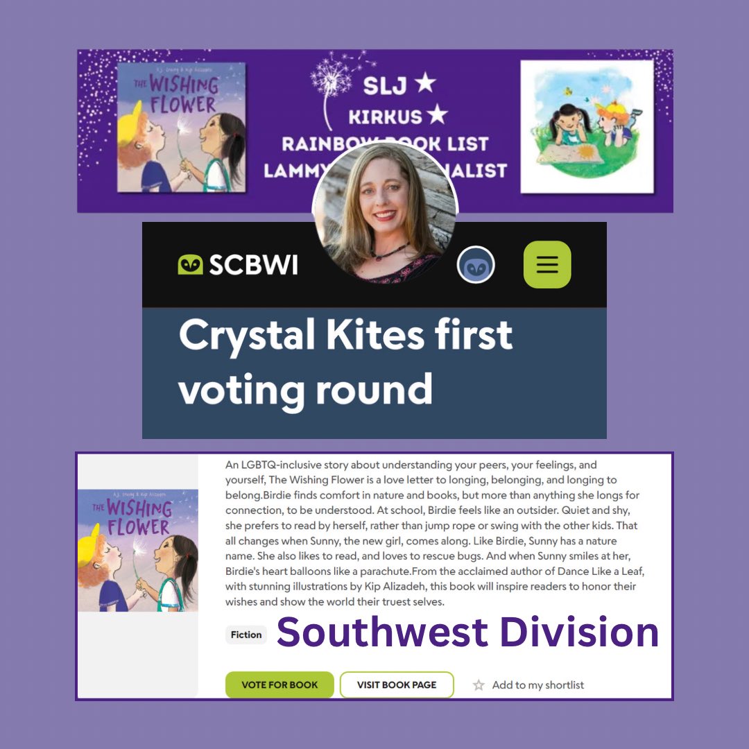 👋🏼 #SCBWI members! THE WISHING FLOWER by @kipalizadeh & me is in the Southwest Division for the @scbwi Crystal Kite Award along with so many incredible books! 1st round voting ends 5/15.🪁 Vote for your favorites: scbwi.org/crystal-kite #kidlit #kidlitart #crystalkiteaward
