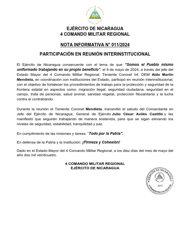Ejército de Nicaragua participó en reunión interinstitucional de fortalecer seguridad ciudadana. #noticias #nicaragua Más información 🌐👉🏼 canal4.com.ni/ejercito-de-ni…