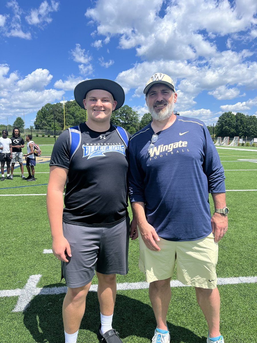 Had a great time at @WingateFb camp this morning. Big thanks to @Coach_Long51 and the rest of the OL guys for the work. Looking forward to getting back on campus this season. @CoachUlassin @Mooresville_FB @Gm4Sports @CoachZMayo @phaberkamp @finisholacademy