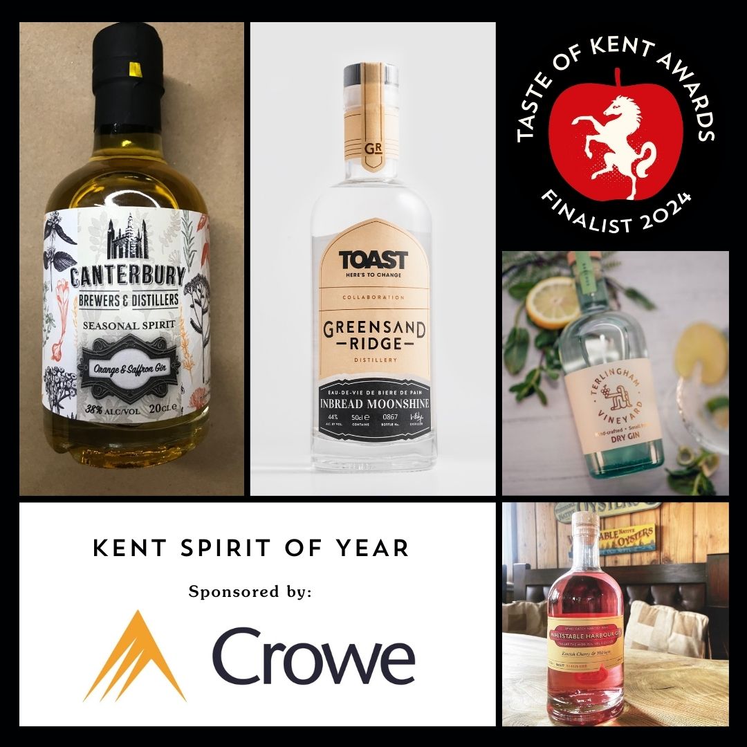 Kent Spirit of the Year, Sponsored by Crowe UK 2022 Bacchus Dry Gin, @terlinghamwines, Folkestone Greensand Ridge Inbread Moonshine, @gsrdistillery, Tonbridge Kentish Cherry & Hibiscus, @whitstablegin, Whitstable Orange and Kent Saffron Gin @foundrybrewpub, Canterbury