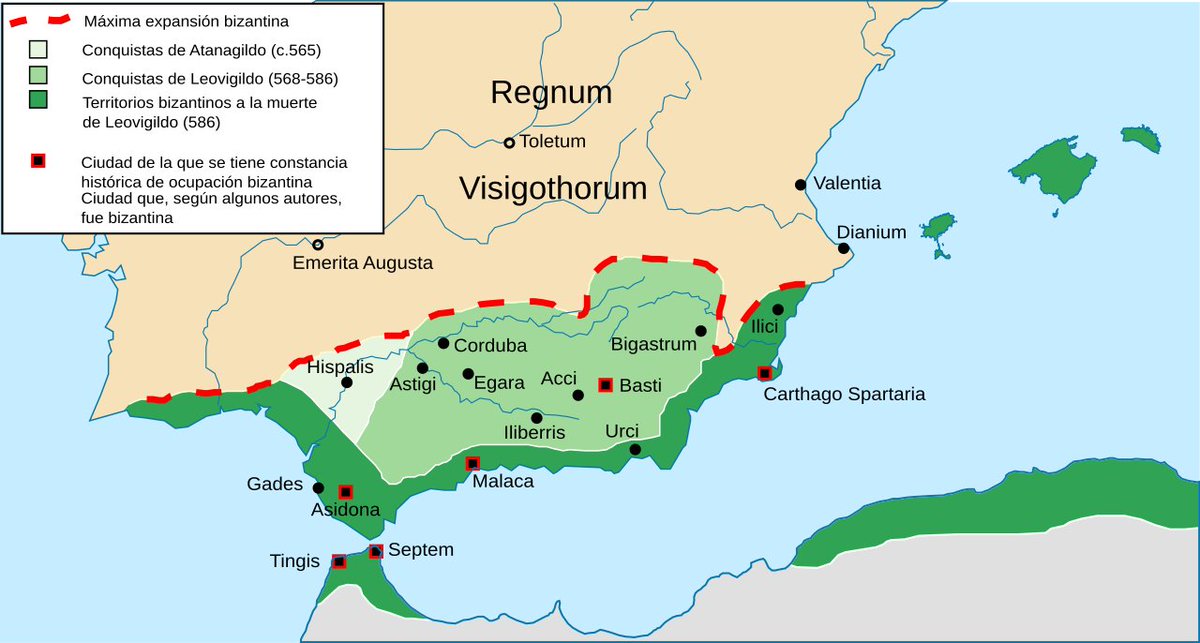 Debido al política militar de Justiniano I, los bizantinos tuvieron una provincia en la Península con el nombre de Spania entre los ss. VI y VII, y su capital era Cartagena. Los visigodos intentaron expulsarlos varias veces, pero sólo lo lograron durante el reinado de Suintila.